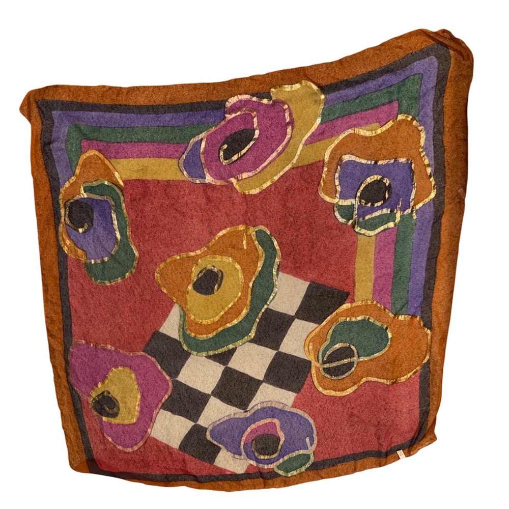 Vintage AE Hand Painted Silk Scarf Made in France Abstract Floral Gold Metallic